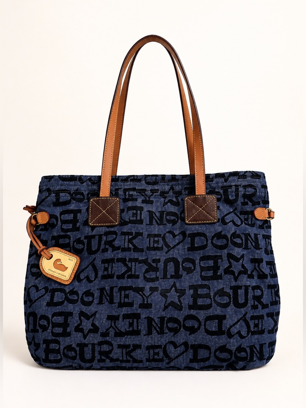 Dooney & Bourke Navy Logo Tote with Brown Leather Handles